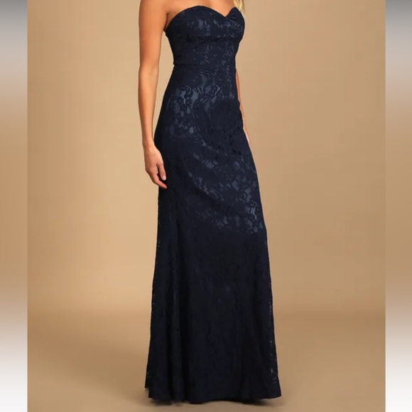 Wow the Crowd Navy Blue Lace Strapless Gown - Picture 3 of 5
